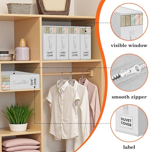 WOWBOX Sheet Organizers and Storage,Closet Bed Sheet Organizer Under Bed Storage and Organization with Label Cards & Clear Window for Bedding Sheets,Duvet Covers,Blankets (3 Pack,White) - Image 2