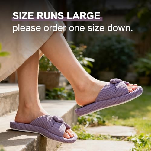 Image of BUNYISCN Slippers for Women Memory Foam Women's Orthopedic Arch Support Open Toe House Bedroom Corduroy Bow Crossbands Slide House Slippers
