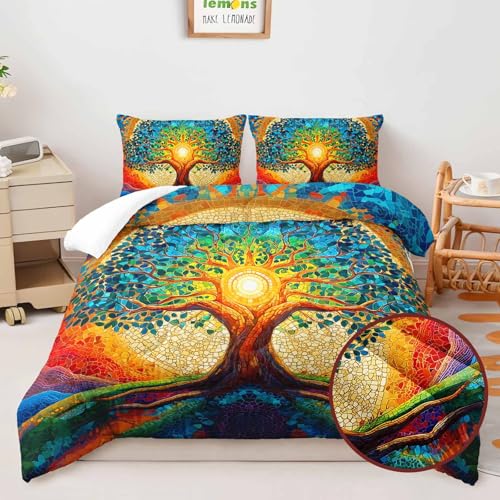 Image of AILONEN Colorful Tree of Life Bedding Set Full Size,Abstract Art Tree Boho Comforter with 2 Pillowcases,3-Piece Lightweight Microfiber Bed