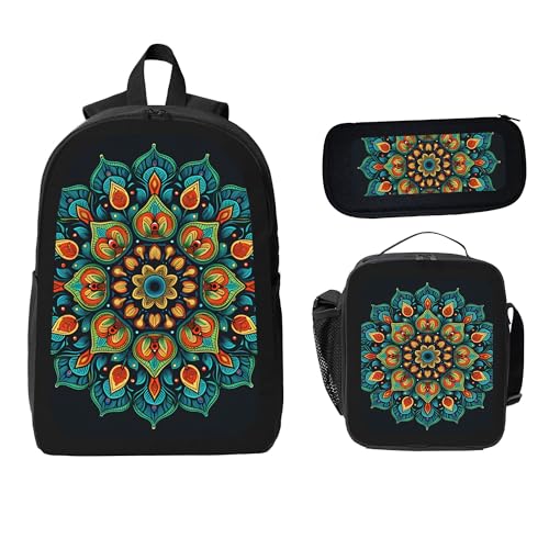 Colorful Ethnic Mandala 3 Pcs 17 Inches Backpack Set with Insulated Lunch Bag And Pencil Pouch Large Back Pack for Men Women Lunchbox Pencil Case Waterproof Backpacks Lunch Box 3 Piece Daypacks2