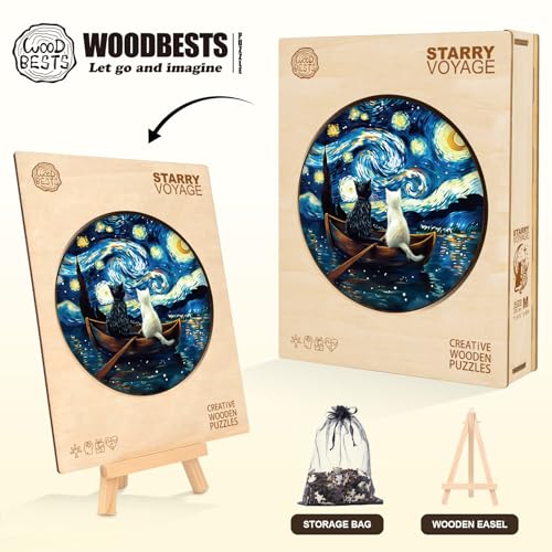 WOODBESTS Puzzles de Madera para Adultos, Rompecabezas de Gato Starry Voyage, Piezas en Forma de Animal Única, Juego de Puzzle para Familia y Amigos (200 piezas, 11.4 x 11.4 pulgadas) miniatura 3