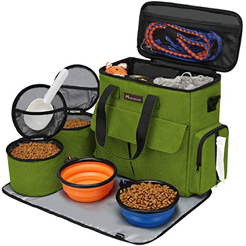 Modoker-Dog-Travel-Bag-Weekend-Pet-Travel-Set-for-Dog-and-Cat-Airline-Approved-Tote-Organizer-with-Multi-Function-Pockets-and-2-Food-Storage-Containers-2-Collapsible-Bowls-1-Feeding-Mat-Green Modoker Dog Travel Bag Weekend Pet Travel Set for Dog and Cat Airline Approved Tote Organizer with Multi Function Pockets and 2 Food Storage Containers 2 Collapsible Bowls 1 Feeding Mat Green