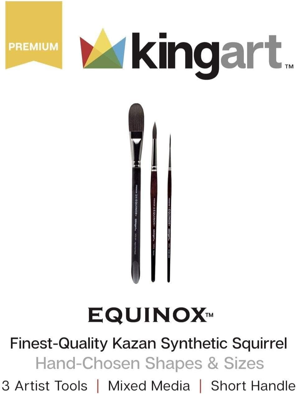 KingArt 1060E Premium Equinox, Paint Set Black Kazan Synthetic Squirrel Watercolor Brushes, Set of 3, 3 Piece
