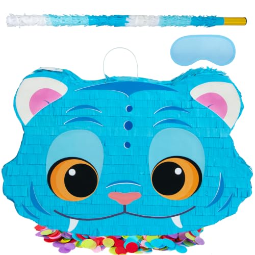 PCFING 20 Inch K-pop Blue Cat Piñata with 30 Inch Piñata Stick Blindfold Confetti for Boy Girl K-pop Birthday Party Game Decorations, Anniversary Celebration, Fiesta