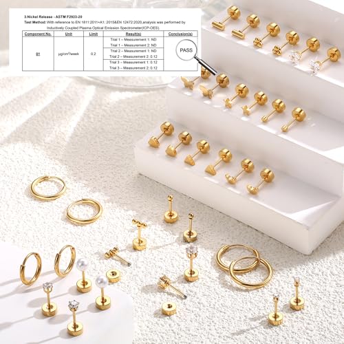 Jstyle Small Hypoallergenic Flat Back Stud Earrings for Women Men, 14K Gold Surgical Stainless Steel Earrings for Sensitive Ears Tiny Screw Back Cartilage Earring Sets for Multiple Piercing4