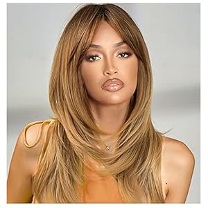 Long Brown Wig with Bangs Wigs for Women Ombre Brown to Blonde Wig Layered Wigs with Curtain Bangs Honey Blonde Synthetic Wigs for Women 20 Inches Straight Wigs for Women (#T30/27 Brown to Blonde)
