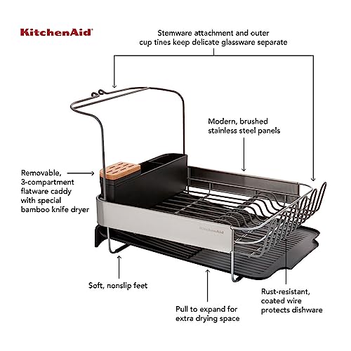 Image of KitchenAid Full Size, Rust Resistant Expandable Dish Rack with Angled Self Draining Drainboard, 24-Inch, Black
