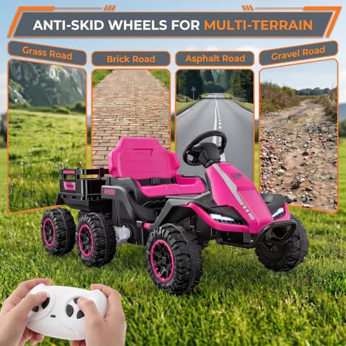 Image of Hikole 24V Ride on Toys Tractor for Kids 3+ w /Trailer, Electric Car, Pink