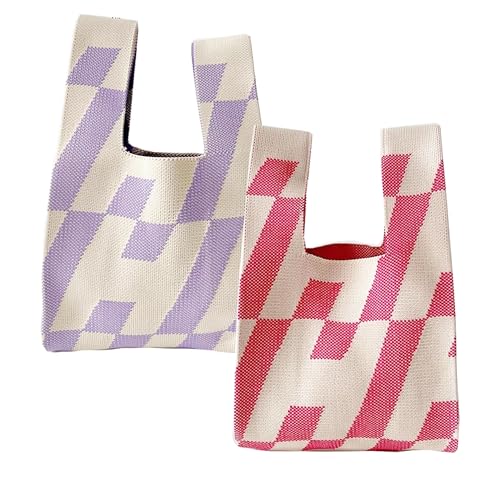 Image of Knot Bag, Mini Knit Tote Bag, Extra Thickened Japanese Knot Bag, Wristlet Handbag, Aesthetic Crochet - 2Pcs Pink Check & Purple Check(Very Small)