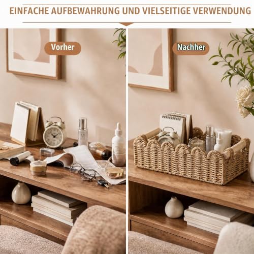 2 Stück Aufbewahrungskorb Geflochten, 2 Größen Korb Geflochten mit Holz Griffen, Handgemachte Geflochtene Körbe, Korb Aufbewahrung Geflochten für Schlafzimmer, Wohnzimmer, Badezimmer – Bild 4
