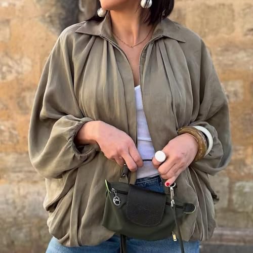 HUIQINGLI Women's Puffed Bomber Jacket 2025 New Oversized Batwing Front Zip Bubble Hem Jackets for Women Trendy2