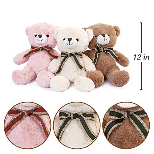 Tezituor Teddy Bear Stuffed Animals,3 Packs Bulk Teddy Bears Plush Toy, Baby Shower Soft Plush Teddy In 3 Colors Bulk Teddy Bears Gift For Boys Girls Kids Girlfriends (Brown/White/Pink),12 Inches #TOP2