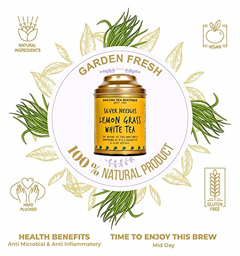 Image of Sancha Tea Boutique Lemongrass White Tea Bags, Pyramid Tea Bags (Pack of 25), 100% Biodegradable, Environment Friendly Tea Bags, Worlds Healthiest Tea, Relaxing & De-Stress Tea