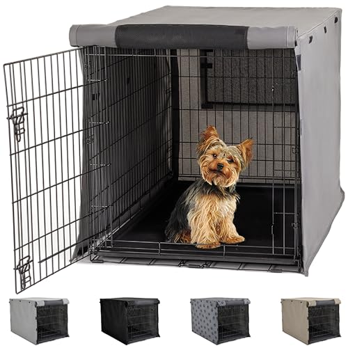 Gorilla Grip Heavy Duty Light Reducing Dog Crate Covers, All Sides Open, Cover Fits 24' Kennel, Breathable Mesh Windows, Washable Durable Puppy Training Topper Pet Supplies Accessories, Gray