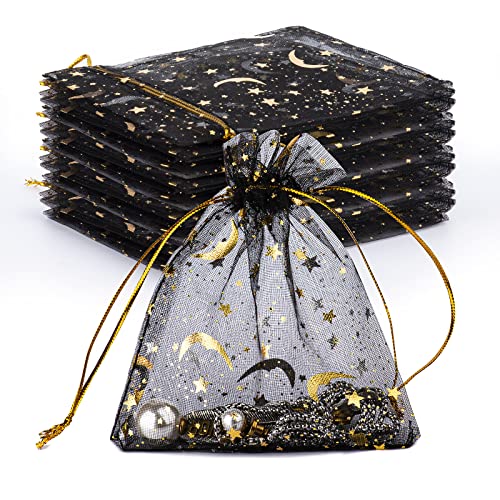 100 PCS 3.5x4.7 Inches Heart Printed Orchid Organza Bags Candy Gift Bags Stars and Moon Black Bag,Makeup Organza Favor Bags,Net gift Bags,Drawstring goody bags for Party, Jewelry, Festival