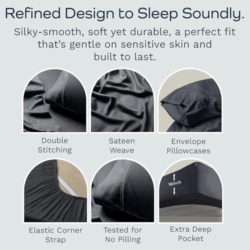 Image of Olive + Crate Tencel Lyocell Eucalyptus Twin XL Sheets - Extra Long Sheet Set - Cooling Tencel Sheets for Hot Sleepers with 16 Inch Deep Pocket Fit - Charcoal 3-Piece Set