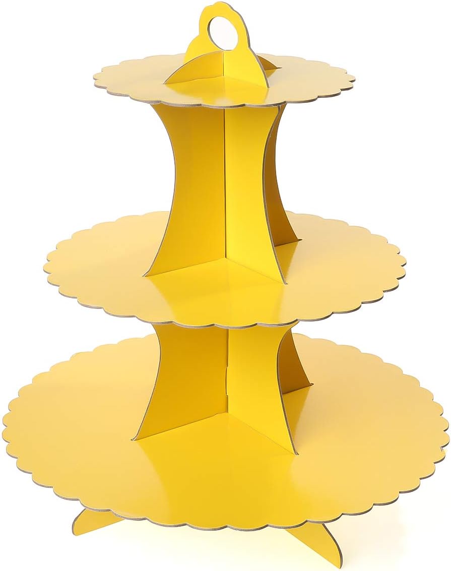 FLYOME 3-Tier Cupcake Stand Cardboard, Round Dessert Tree Display Tower, Universal for Christmas, Weddings,Birthdays, Parties, Yellow