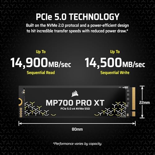 Image of Corsair MP700 PRO XT 4TB PCIe 5.0 NVMe M.2 SSD - Up to 14,900 MB /s, Gen5 Speed, DirectStorage Ready for Gaming PCs - Black