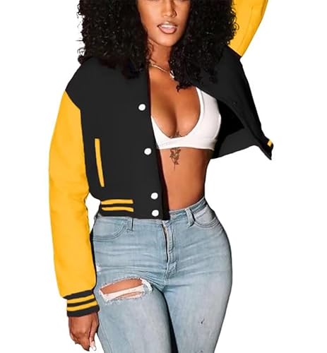 ThusFar Women Semi Fitted Bomber Jacket Stand Collar Varsity Cropped Shaket Fashion Short Outwear with Pockets Yellow#2 M