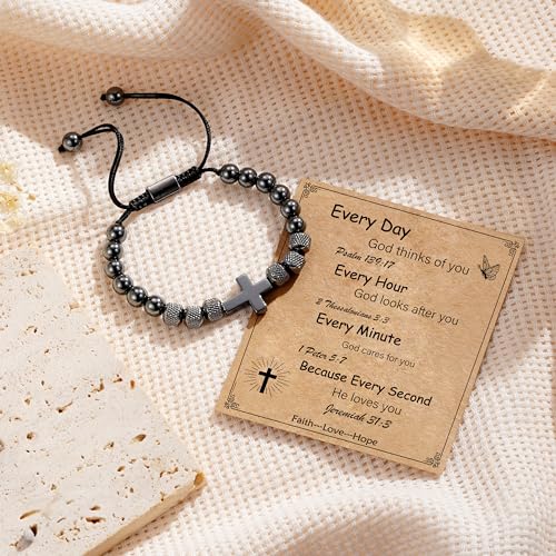 Image of Cross Bracelet for Boys Teens, Adjustable Obsidian Beads Bracelets Christian Religious Jewelry Gifts for Teen Teenage Boys
