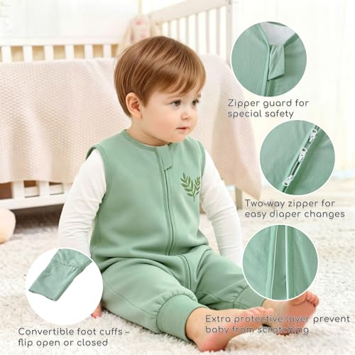 Image of Chilsuessy Toddler Sleep Sack with Feet 2-3 T, 0.5 TOG Cotton Baby Wearable Blanket with Legs, Sleep Bag Walker with 2-Way Zipper, Dark Green