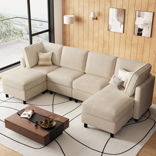 Belffin 110.2" Modular Sectional Sofa 6 Seats U Shaped Couch Washable Sectional Couches for Living Room Comfy Couches with Storage Seat Couch Sofas with Chaise,Beige 6 seats U couch Beige