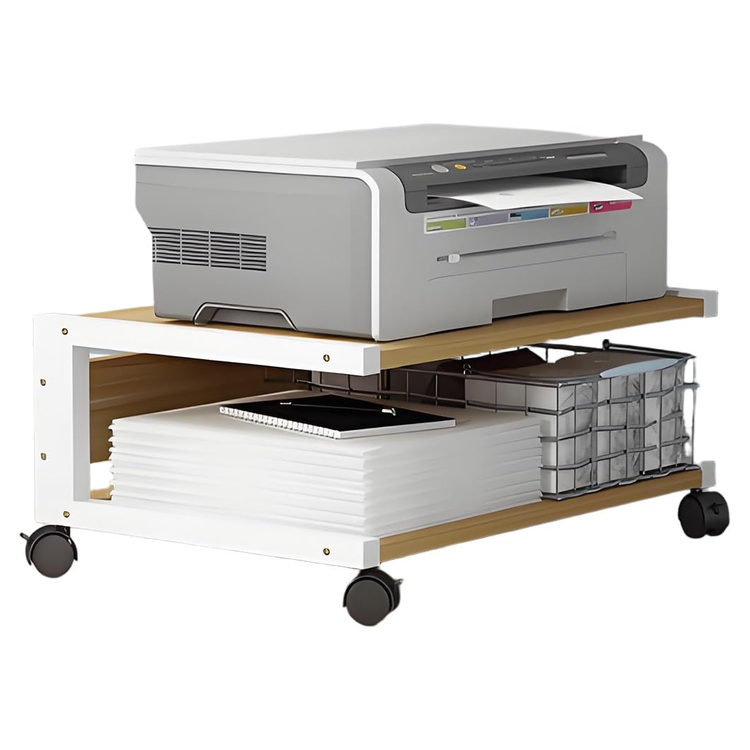 Mobiler Druckerständer für unter den Schreibtisch, 2-stufiger Hochleistungs-Druckerwagen mit Ablagefläche, kompakter Druckertisch für Scanner und Mediaplayer (weiß, 50 x 40 x 25 cm)