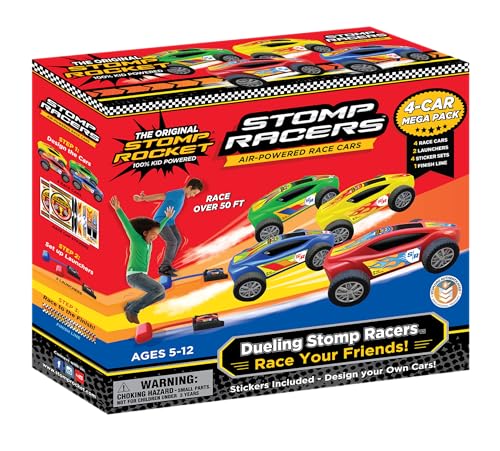 Stomp Racers Air Powered Race Cars by Stomp Rocket, 4 Car Mega Pack - Dueling Stomp Racers Toy Car Launcher - Fun Backyard Outdoor & Indoor Multi-Player Kids Toys Gifts for Boys, Girls & Toddlers