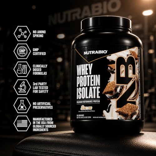 Image of NutraBio 100% Whey Protein Isolate Protein Powder, 25g Protein with Complete Amino Acid Profile, Non-GMO, Soy & Gluten Free, Low Carb, Low Calorie, S'Mores, 50 Servings