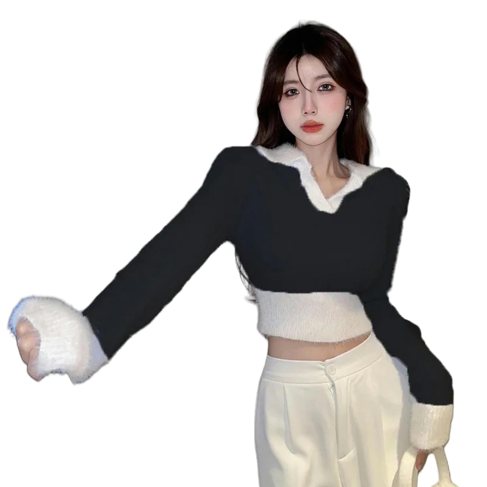 Ropa Mujer Autumn Winter Winter'S Sweater Slim Sexy Plush Vplush Color Bloqueo De Bloqueo De Color En V-b-Talla Única