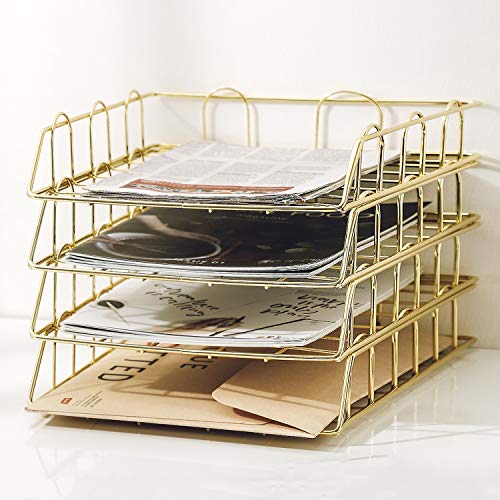 Jolitac Rose Gold 4-Tier Stackable Paper Tray Desk Organizer, Workspace Decorative Stacking Rack Supplies Holder, Metal Letter Trays for File Documents in Home & Office (Gold)