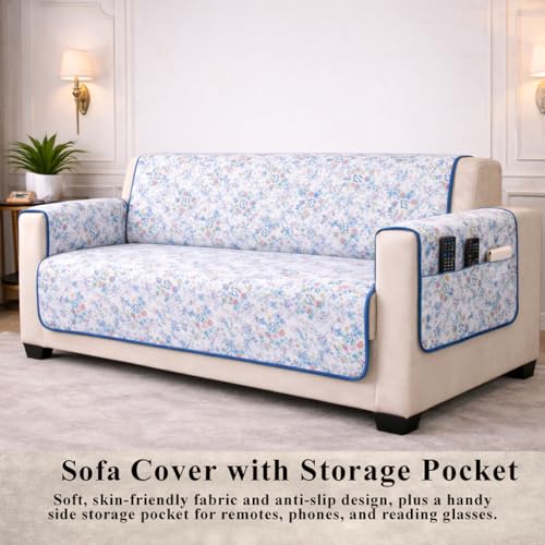 Image of STITCHNEST 'Double Vie Collection Series' Cotton Quilted Reversible Sofa Cover 2 Seater with Arm Rest and Pocket | Size 48x60 Inch