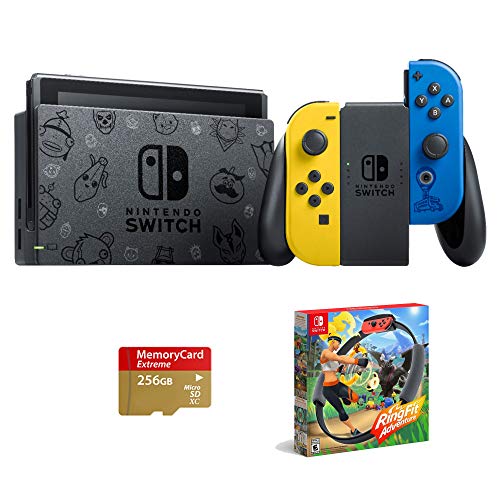 Newest Nintendo Switch Special Edition, Fort nite Wildcat Yellow/Blue, Bundle Fort nite & 2,000 V-Bucks & The Wildcat Outfit Bundle & Woov Micro SD 256 GB & Ring Fit Adventure