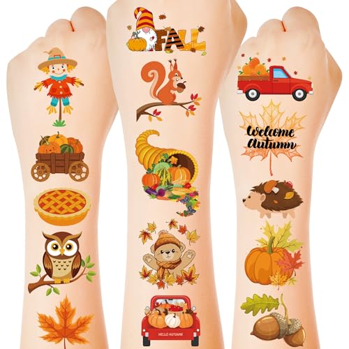 150 Pcs Fall Tattoos, Maple Leaves Pumpkin Fake Temporary Tattoos, Fall Thanksgiving Tattoos Autumn Stickers for Thanksgiving Decorations Gift Fall Party Favors Supplies Bags Fillers