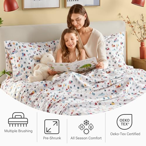 Sleep Philosophy True North 100% Cotton Flannel Sheets Queen Size, Cozy Flannel Sheet Set Brushed for Extra Softness, Heavyweight Novelty Print Warm Flannel Bedding Set, White Village Print 4 Piece