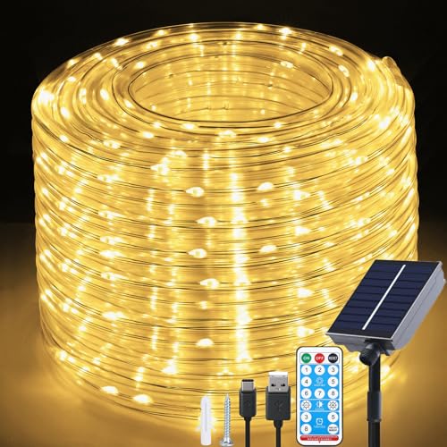 Fonysien 20M 200LEDs Tube de Lumière Solaire Extérieure, Étanche Guirlande Tube Solaire & USB avec 8 Modes Télécommande LED Guirlande Lumineuse Tube pour...