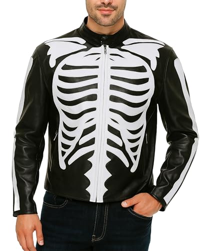 Mens Skeleton Black Leather Jacket - Vintage Racer Halloween Cosplay Biker Motorcycle Jacket