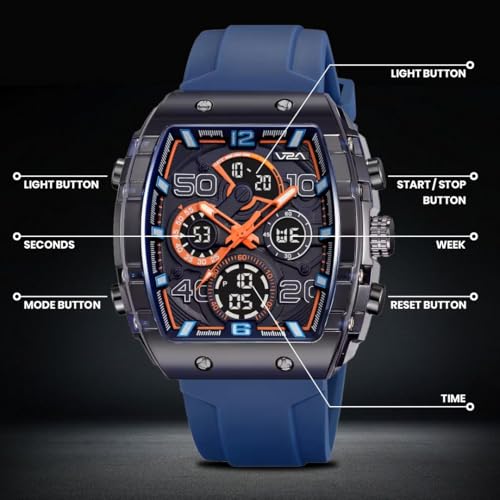 Image of V2A Impact-AXON 3103 Analog-Digital Watch for Men | Unique Tonneau Case & Multi-Layered Dial Design | Bold Fashion Performance Watch with 3 Time Zones, Countdown, 50M Water Resistance & Backlight