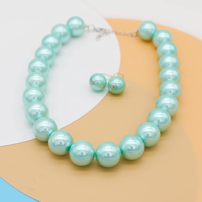 1920s Long Pearl necklace Costume Pearl Jewelry Gatsby Accessories Chunky Beaded Necklace for Women Handmade Wood Resin Beaded Necklace Jewelry Gift (big light blue pearl necklace)