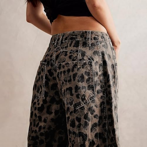 Women's Mid-Rise Barrel Jeans Vintage Leopard Printed Baggy Cropped Wide-Leg Denim Ankle Pants Boyfriend Jeans4