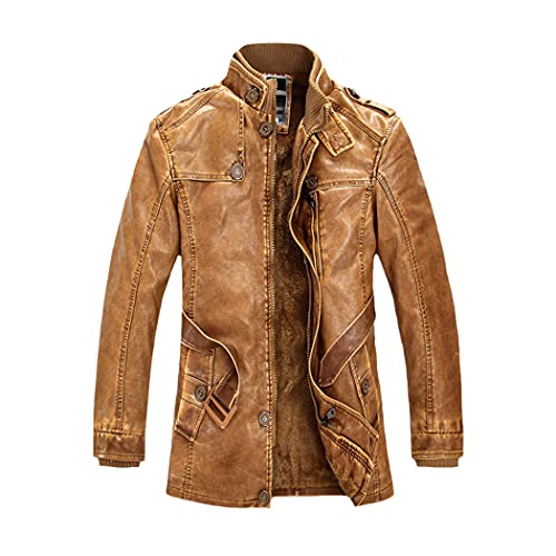 LIOPJH Chaquetas de cuero para motociclista de invierno para hombre, forro polar de piel sintética abrigos de cuello alto, talla grande, caqui, XXXL