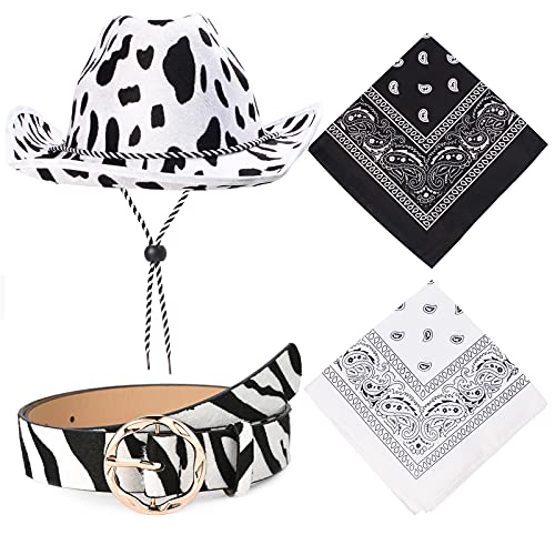 Keymall Cow Print Cowboy Hat Western Cowboy Costume Accessories Set Felt Cowboy Hat Paisley Bandanas Print Belt for Western Birthday Wild West Party Dress-Up Parties Halloween Costumes