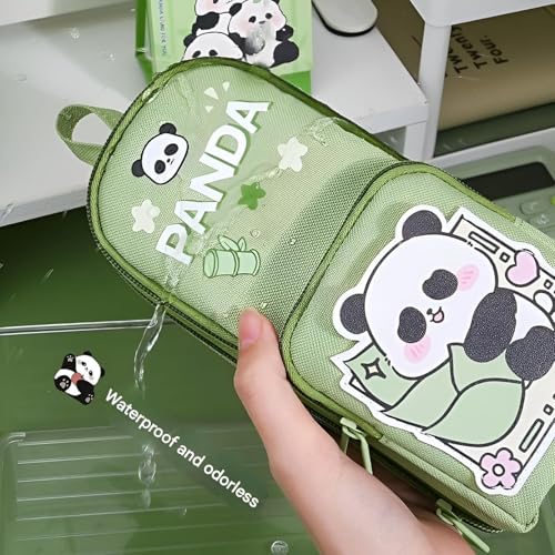 Image of Canvas School Bag Pencil Case, 3 Layer 6 Compartment Large Capacity, Aesthetic Pencil Pouch for Stationary, Cute Stationery for Kids, Pencil Case for Girls & Boys (Green)