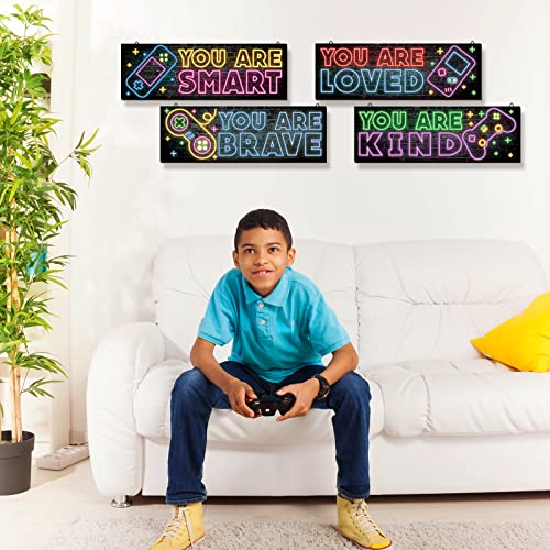 YLOLUL 4 Pieces Neon Gaming Decor for Boys Room Wooden Video Game Wall Art Print 15.7 X 5.1 Inch Motivational Quote Gamer Hanging Plaques Wall Decor for Boys Kids Room Bedroom Playroom Decorations - Image 6