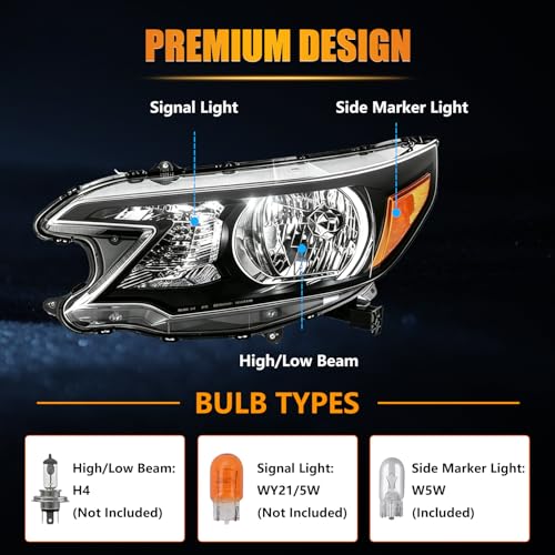 Headlight Assembly for 2012 2013 2014 Hon-da CR-V, OE-Style CR-V Halogen Head lamp with Clear Lens Black Housing Amber Reflector, Left Driver & Right Passenger Side, 1 Pair - Image 4