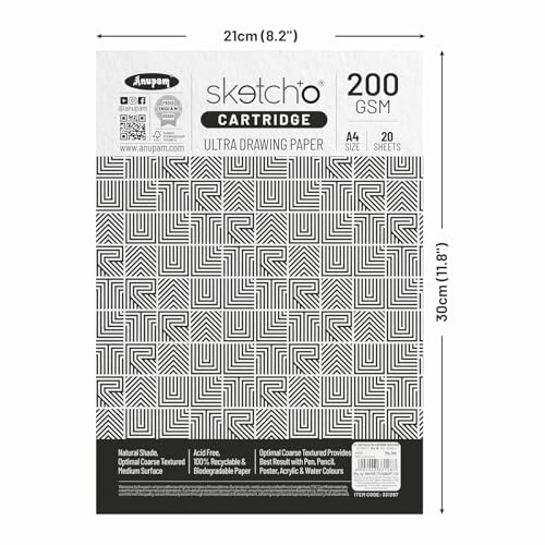 Image of Anupam Sketch-O Ultra Artist Drawing Paper A4, 40 Pages, 200GSM, Durable Acid Free Drawing Paper Drawing Loose Sheet for Artists Kids & Professionals for Marker Colored,Pencil Charcoal (Pack of 2)