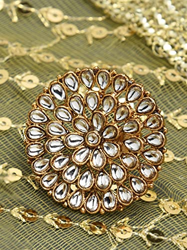 ZAVERI PEARLS Gold Tone Kundan Flower Adjustable Finger Ring For Women-ZPFK10176 - Image 5