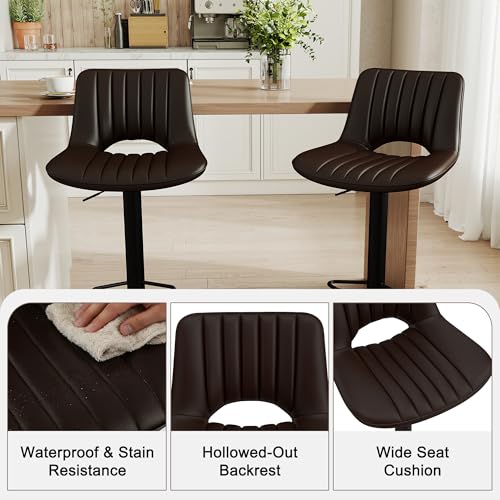 Butacos giratorios LSSBOUGHT, juego de 2 unidades, modernos y ajustables con respaldo abierto, sillas de barra de cuero sintético con elevación neumática para cocina y bar en casa, color marrón miniatura 4