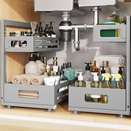 Image of 2 Pack Under Sink Organizer,Pull Out Cabinet Organizer With Smooth Cylindrical Rail,Metal Slide Out Drawer for Kitchen Bathroom Laundry Cabinet,8-Level Tool Free Height Adjustable-Gun Gray