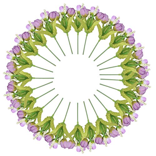 Artificial Flowers Roses and Rosebuds in Picket Fence Pot for Home Office Wedding Decoration (Set of 2, Purple)